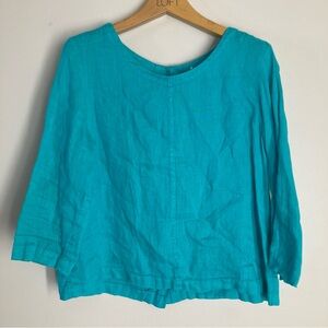 Women's 100% Linen Teal Blouse with Buttons up Back